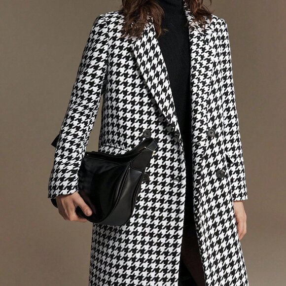 Black And White Elegant Women's Cinched Waist Houndstooth Jacket - Picture 4 of 8